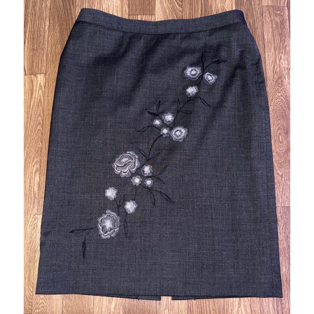 Classiques Entier Wool Blend Pencil Skirt Floral Embroidery‎ Size 12 Charcoal